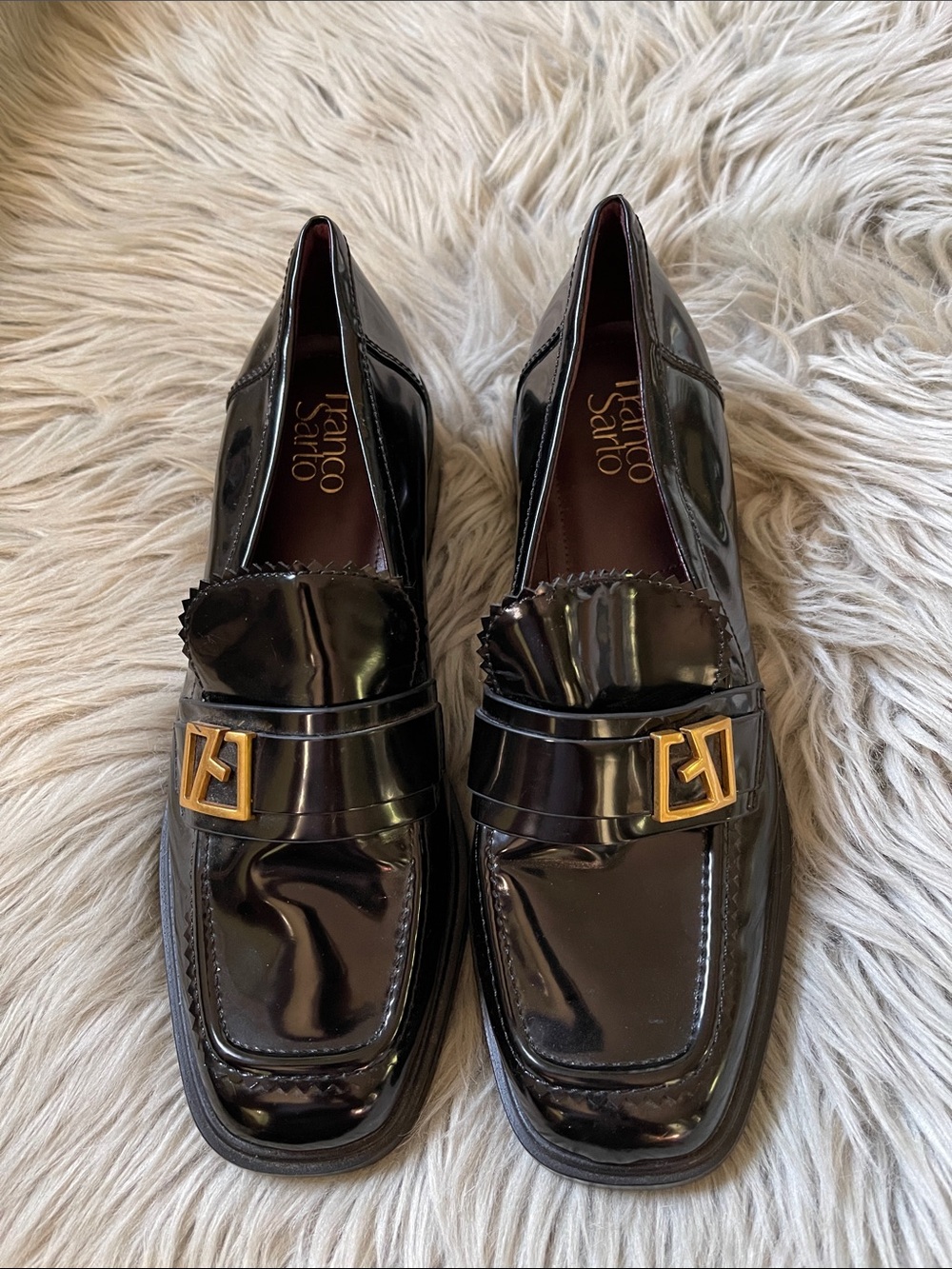 Franco Sarto Black Patent Loafers with Gold Accent Buckles